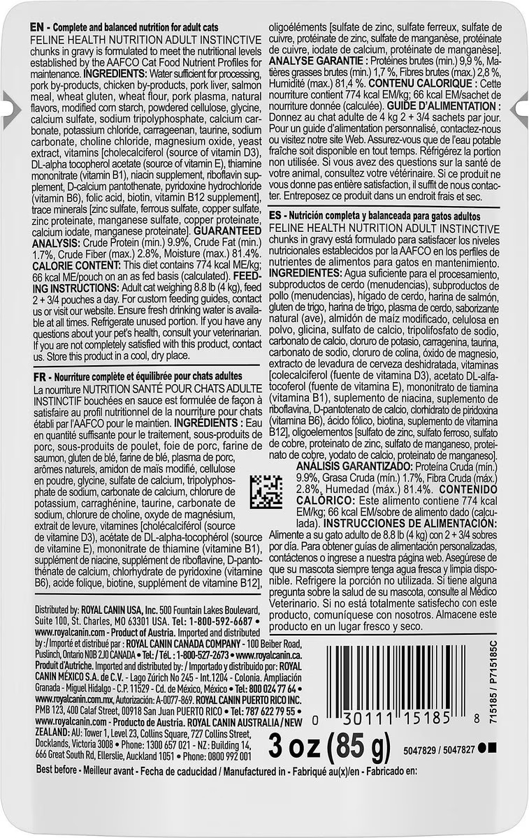 12 x 3oz Royal Canin Adult Instinctive Chunks In Gravy Pouch Wet Cat Food USA | 516873-ZOT